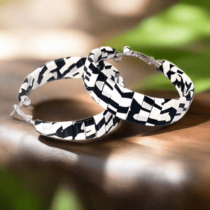Womens Black White Leather Hoop Earrings