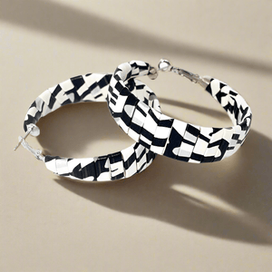 Womens Black White Leather Hoop Earrings