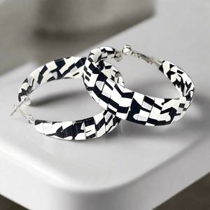 Womens Black White Leather Hoop Earrings
