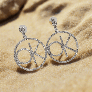 Womens Silver Letter Crystal OK Dangle Drop Earrings