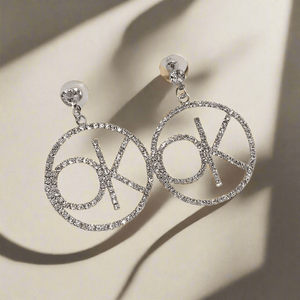 Womens Silver Letter Crystal OK Dangle Drop Earrings