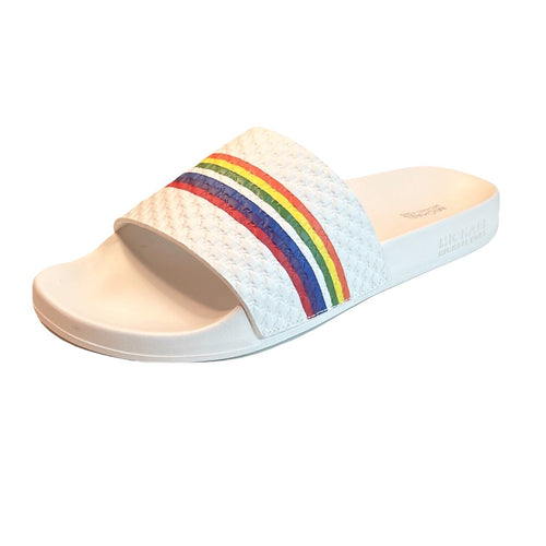 Michael Kors Gilmore Womens Slides White Leather Rainbow Sandals