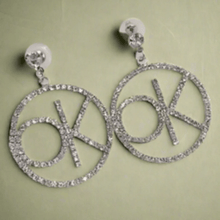 Load image into Gallery viewer, Womens Silver Letter Crystal OK Dangle Drop Hoop‎ Earrings