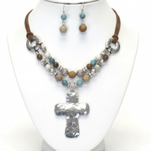 Load image into Gallery viewer, Womens Hammered Metal Cross Beaded Cord Necklace‎ Earring Set