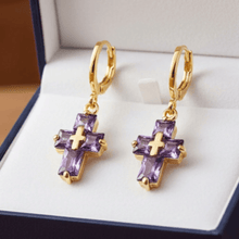 Load image into Gallery viewer, Womens Gold Purple Zirconia Cross Earrings