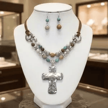 Load image into Gallery viewer, Womens Hammered Metal Cross Beaded Cord Necklace‎ Earring Set