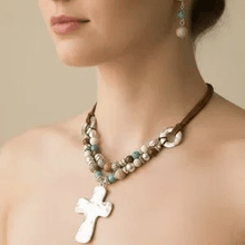 Load image into Gallery viewer, Womens Hammered Metal Cross Beaded Cord Necklace‎ Earring Set