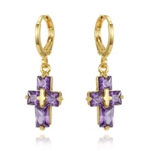 Load image into Gallery viewer, Womens Gold Purple Zirconia Cross Earrings