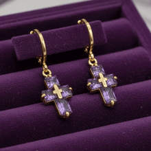 Load image into Gallery viewer, Womens Gold Purple Zirconia Cross Earrings