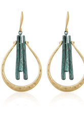 Load image into Gallery viewer, Womens Gold Tone Teardrop Hoop Earrings with Green Bar Design