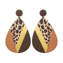 Load image into Gallery viewer, Womens Teardrop Brown Leopard Wood‎ Post Earring
