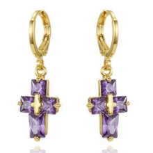 Load image into Gallery viewer, Womens Gold Purple Zirconia Cross Earrings