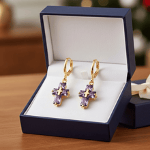 Load image into Gallery viewer, Womens Gold Purple Zirconia Cross Earrings