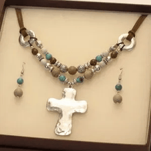 Load image into Gallery viewer, Womens Hammered Metal Cross Beaded Cord Necklace‎ Earring Set