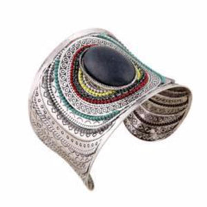 Aztec Antique-Silver Black Stone Design Cuff Bracelet