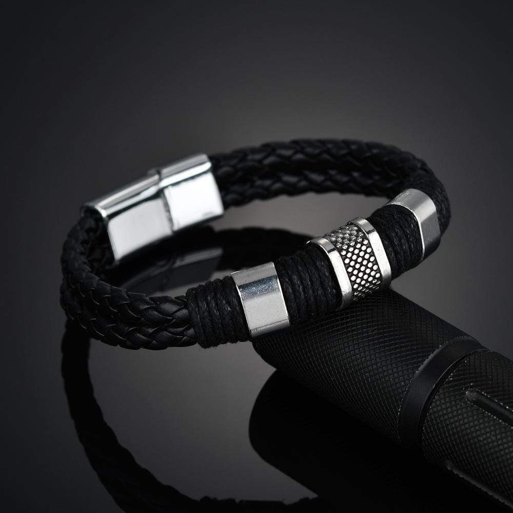 Leather Black & Silver Bracelet - 2 Colors