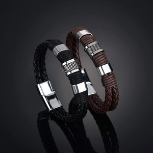 Leather Black & Silver Bracelet - 2 Colors