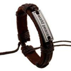Leather Adjustable "World Peace" Brown Bracelet