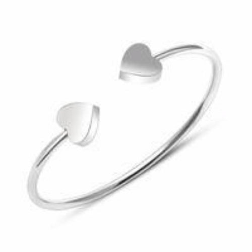 Stainless Steel Silver Double Heart Charm Flexible Bracelet Unisex Adult