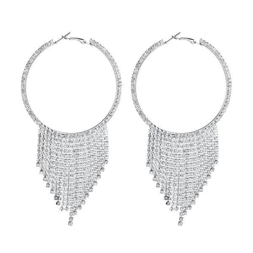 Womens Silver Tone Big Hoop Tassel Drop Earrings