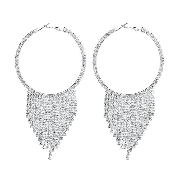 Womens Silver Tone Big Hoop Tassel Drop Earrings