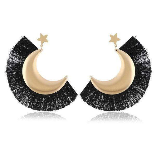 Womens Crescent Fringe Earrings Black Gold Tassels