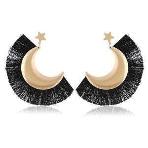 Womens Crescent Fringe Earrings Black Gold Tassels