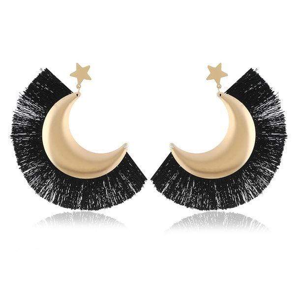 Womens Crescent Fringe Earrings Black Gold Tassels