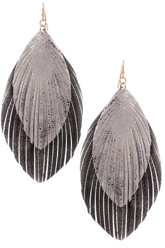 Womens Feather Earrings Black Gray Leather Fringe Earring
