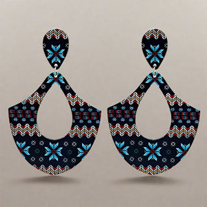 Womens Wood Earrings Large Blue Aztec Design