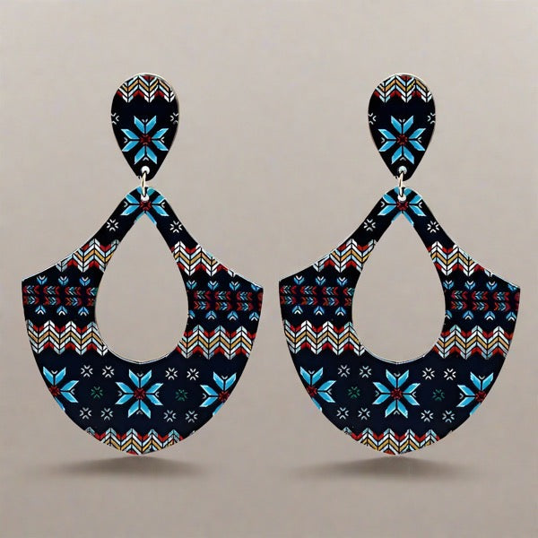 Womens Wood Earrings Large Blue Aztec Design