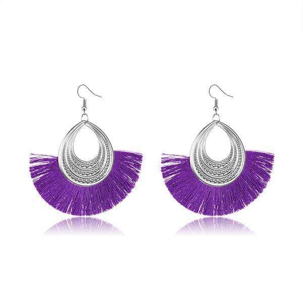 Womens Silver Purple Fringe Dangle Earrings