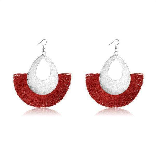 Womens Bohemia Fringe Teardrop Red Silver Tone Dangle  4