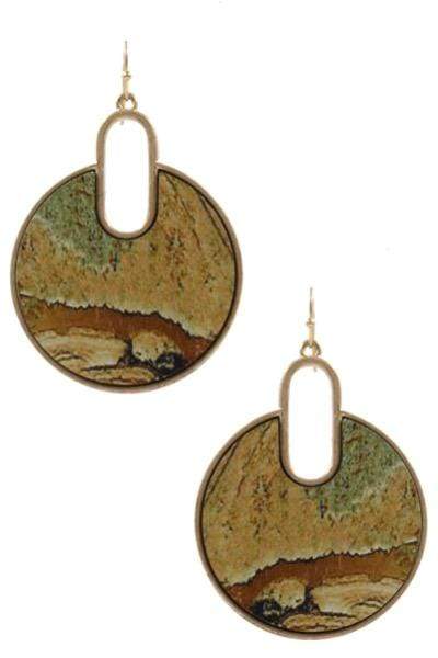 Womens Round Earth Tone Metal Wood Earrings