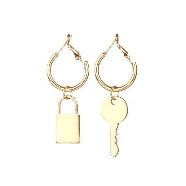 Womens Gold Tone Lock Key Hoop Earrings