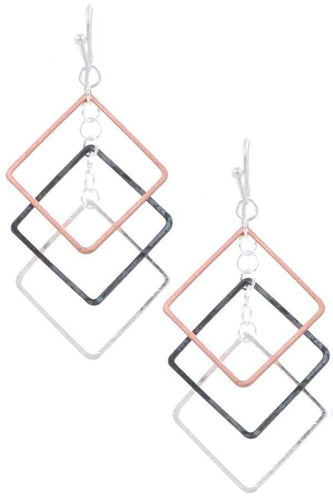Womens Silver Triple Square Hoop Dangle Drop Earrings