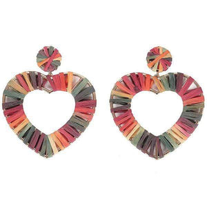 Womens Large Heart Earrings with Hand Woven Colorful Fabric