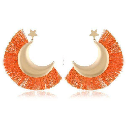 Womens Cresant Orange Gold Fringe Earrings Lightweight