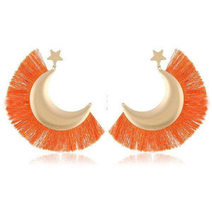Womens Cresant Orange Gold Fringe Earrings Lightweight