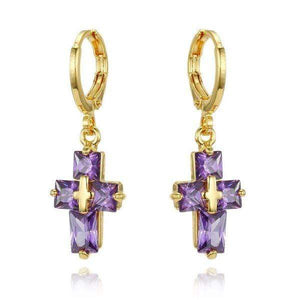Womens Gold Tone Purple Zirconia Cross Hoop Earrings