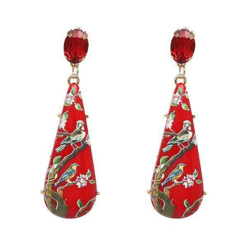 Womens Red Teardrop Vintage Design Earrings with Rhinestone Accent