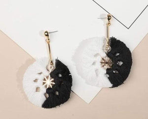 Womens Round Black White Fringe Tassel Earrings