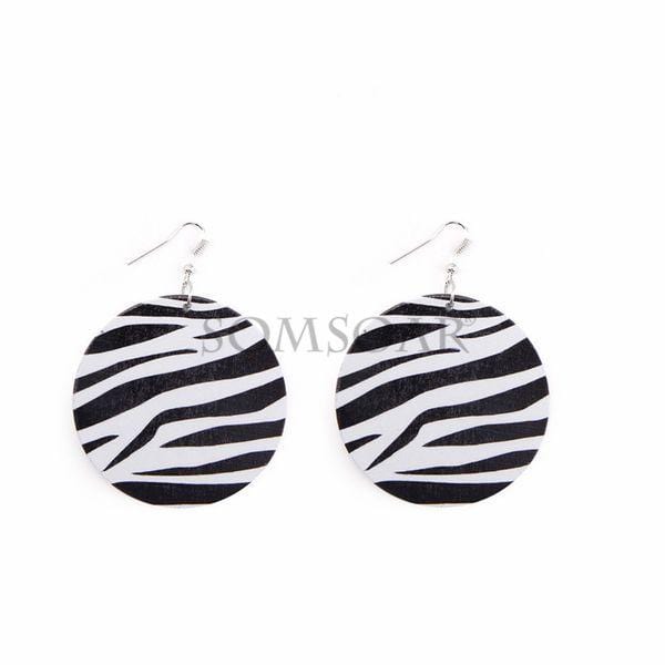 Womens Black White Round Wood Earrings