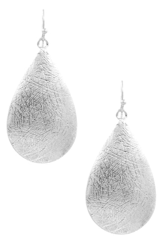 Womens Scratched Metal Teardrop Silver Earrings