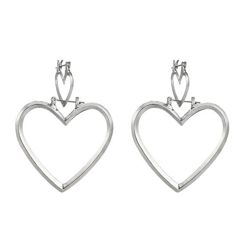 Womens Silver Hoop 2-in-1 Heart Earrings
