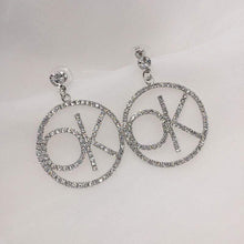 Load image into Gallery viewer, Womens Silver Letter Crystal OK Dangle Drop Earrings