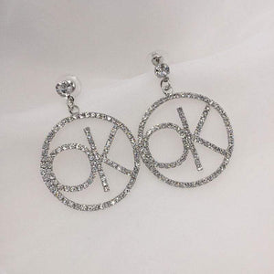 Womens Silver Letter Crystal OK Dangle Drop Earrings
