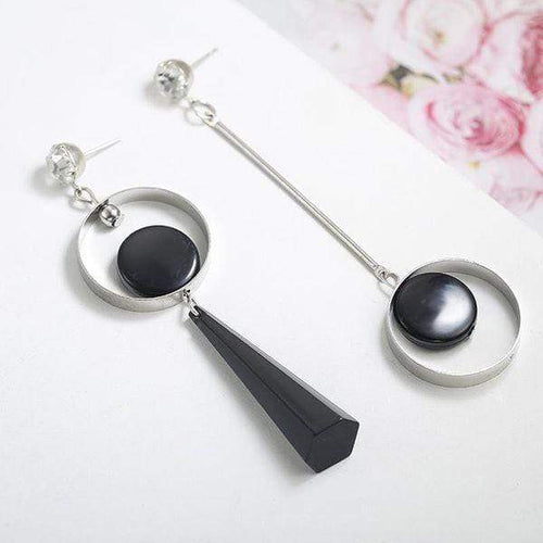 Womens Silver or Gold Asymmetric Earrings with Black Accent