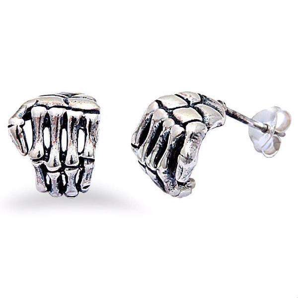 Mens Sterling Silver .925 Skeleton Hands Stud Earrings