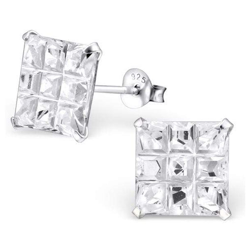 Sterling Silver .925 Square Clear Cubic Zirconia Stud Earrings Unisex Adult
